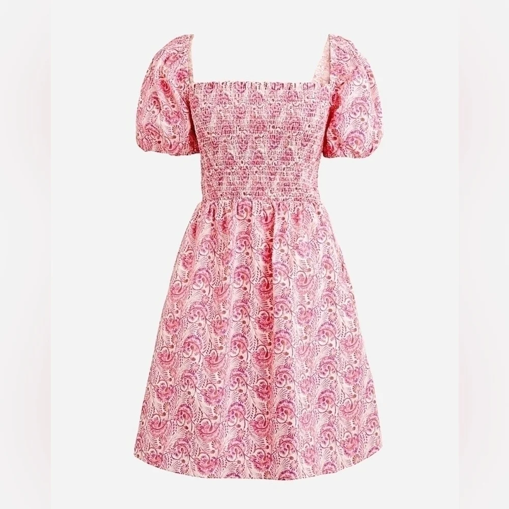 J. Crew Pink Floral Smocked Square Neckline Puff Sleeve Flowy Poplin Mini Dress